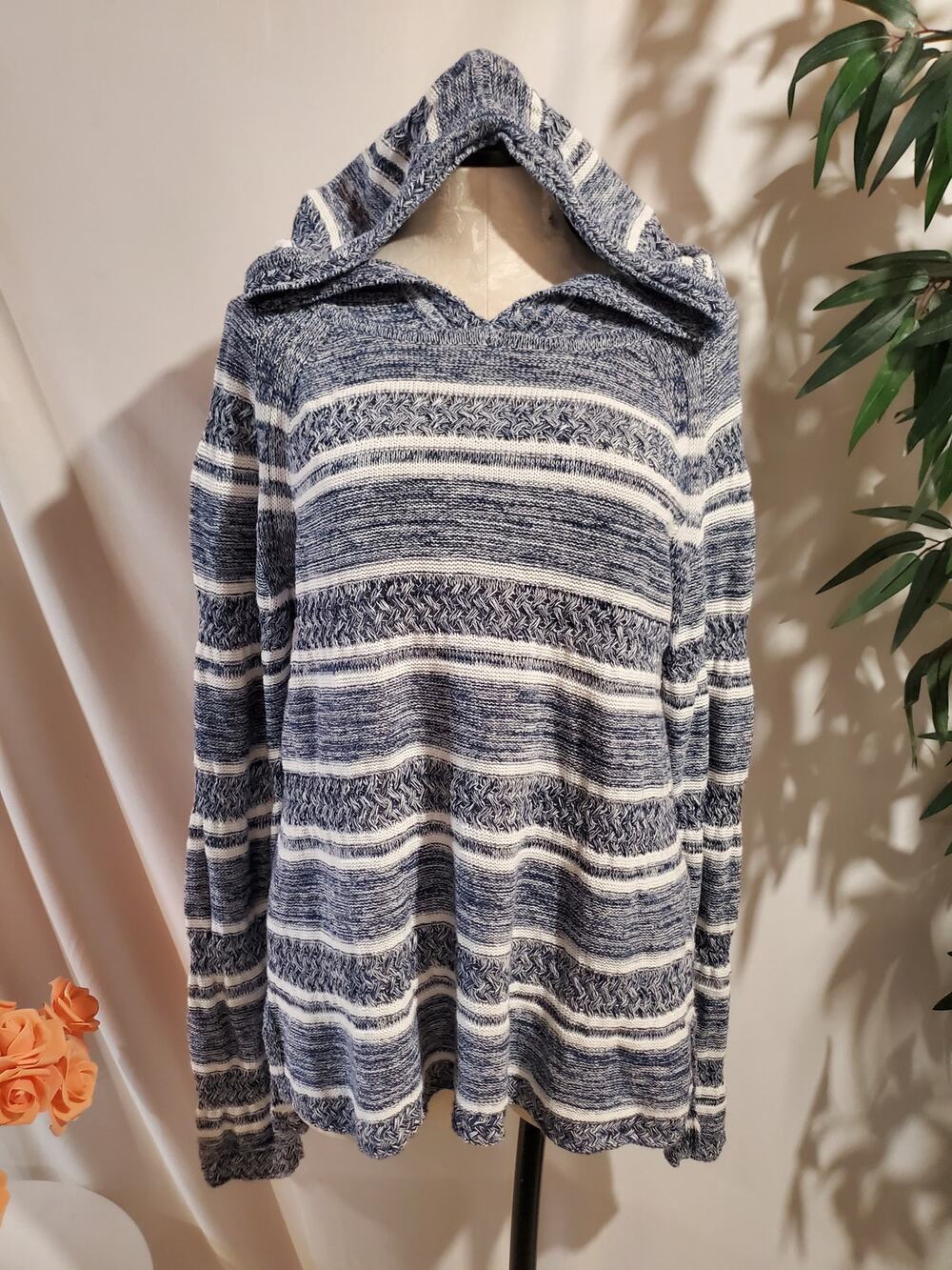 Tommy Bahama Striped Linen Hooded Pullover Knit Sweater Size M Coastal Nautical